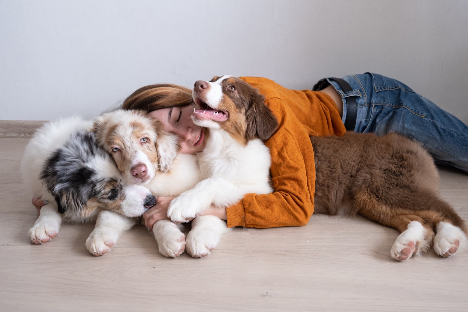 Mujer saludando a su perro en el sillón