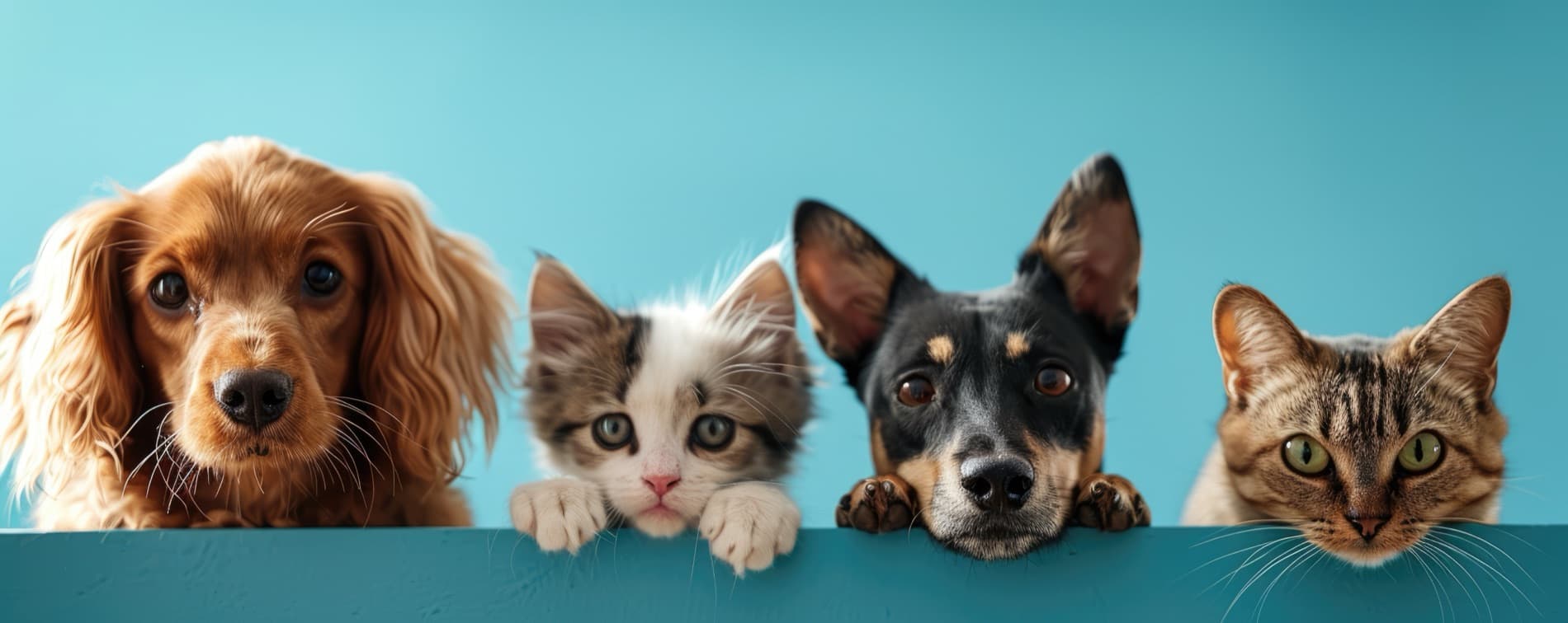 Perros y gatos asomados sobre un fondo celeste